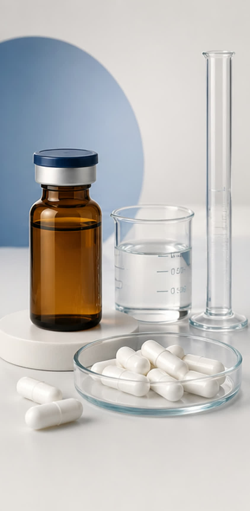 Laboratory vial and capsules representing APIs