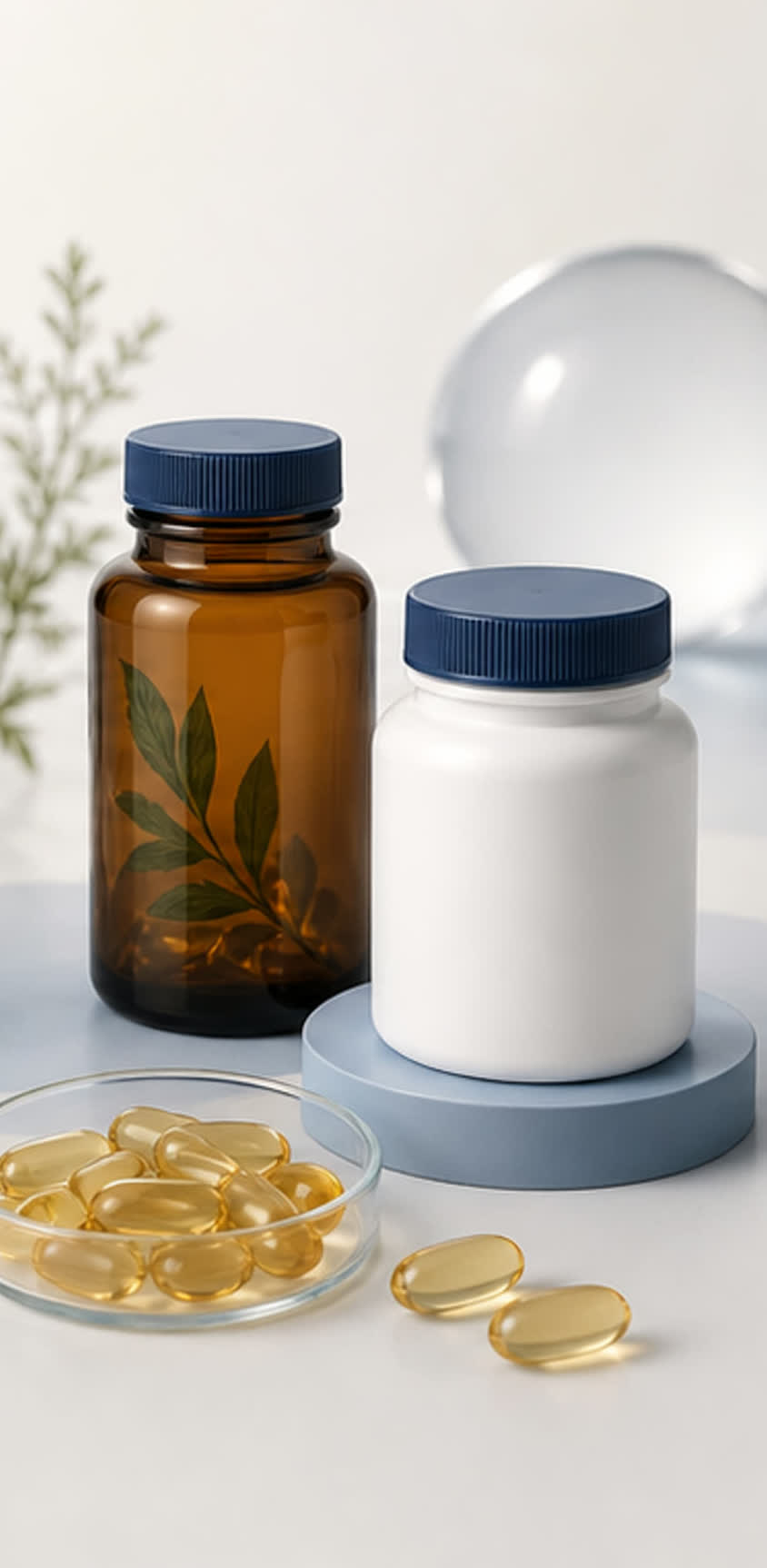Generic softgel capsules and supplement containers representing nutraceuticals